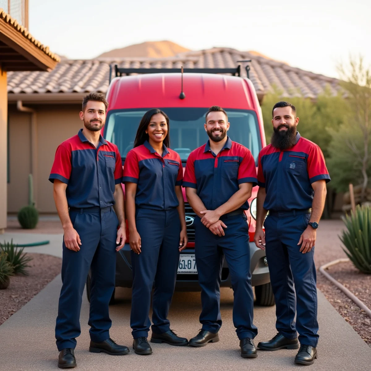 The Red Eagle Plumbing team in front of their branded service vehicle in Phoenix