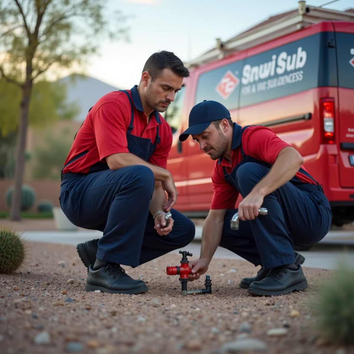 Plumber inspecting under-sink connections during annual maintenance in a Phoenix home