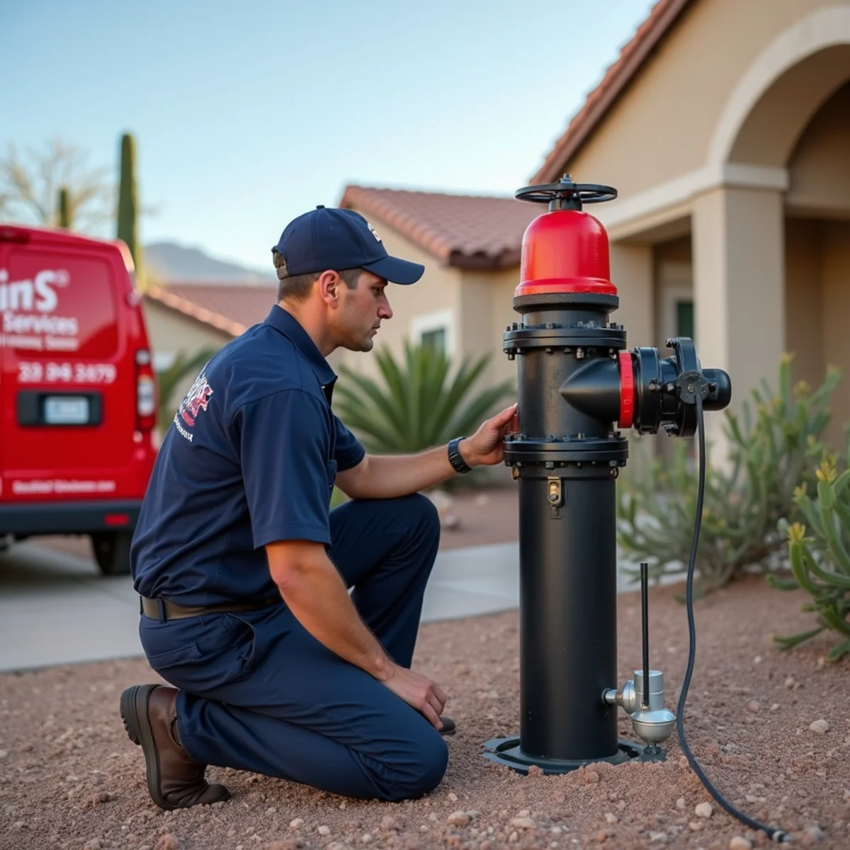 Plumber testing a commercial backflow prevention assembly at a Phoenix business