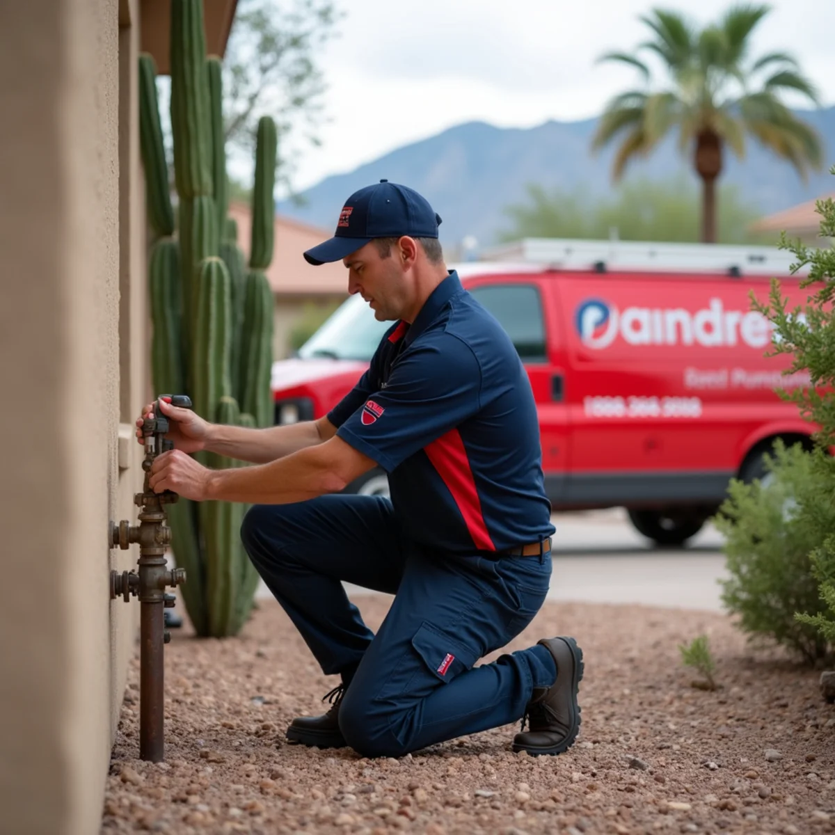 Homeowner shutting off the main water valve after a burst pipe in a Phoenix home