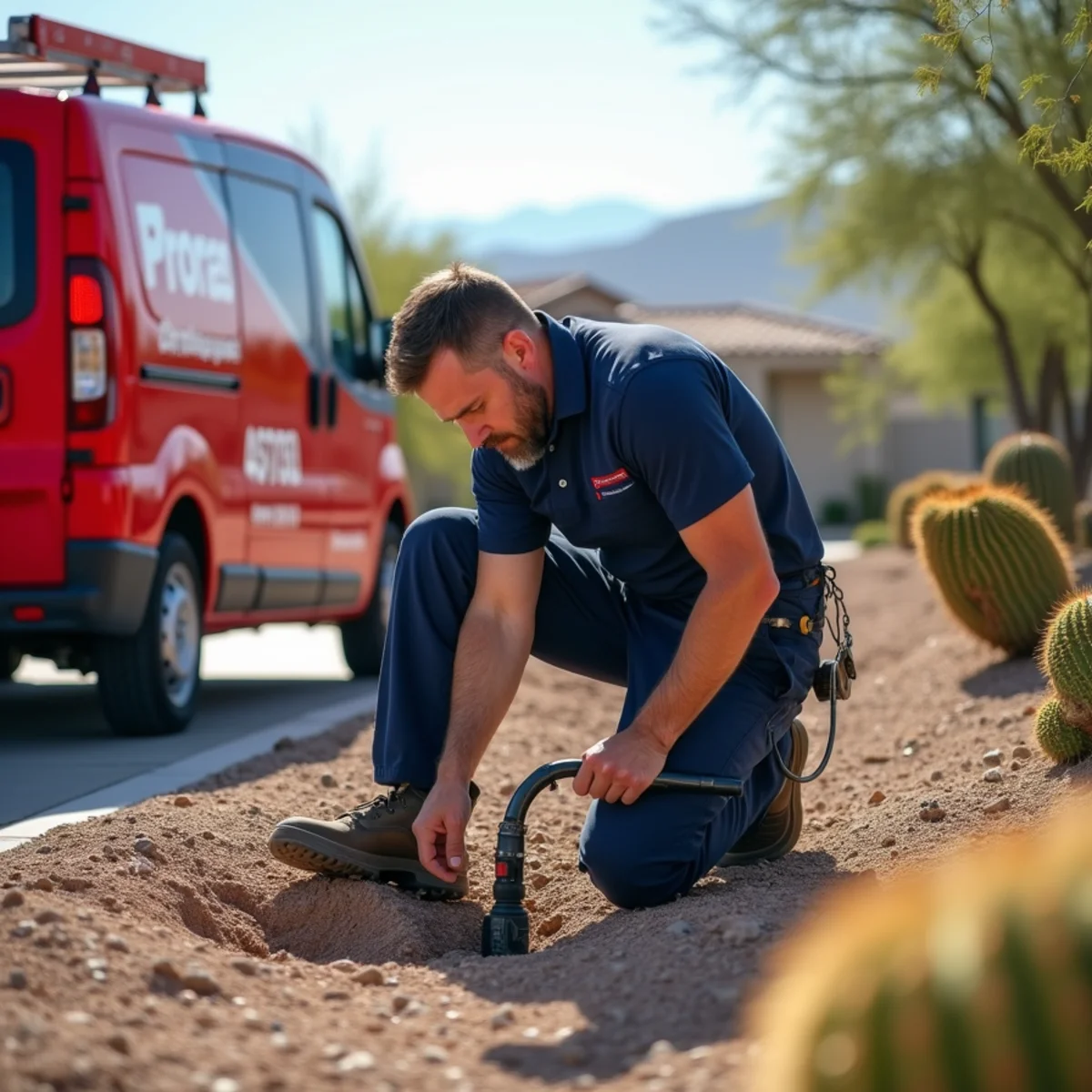 Plumber cabling a drain line during a drain cleaning in a Phoenix home