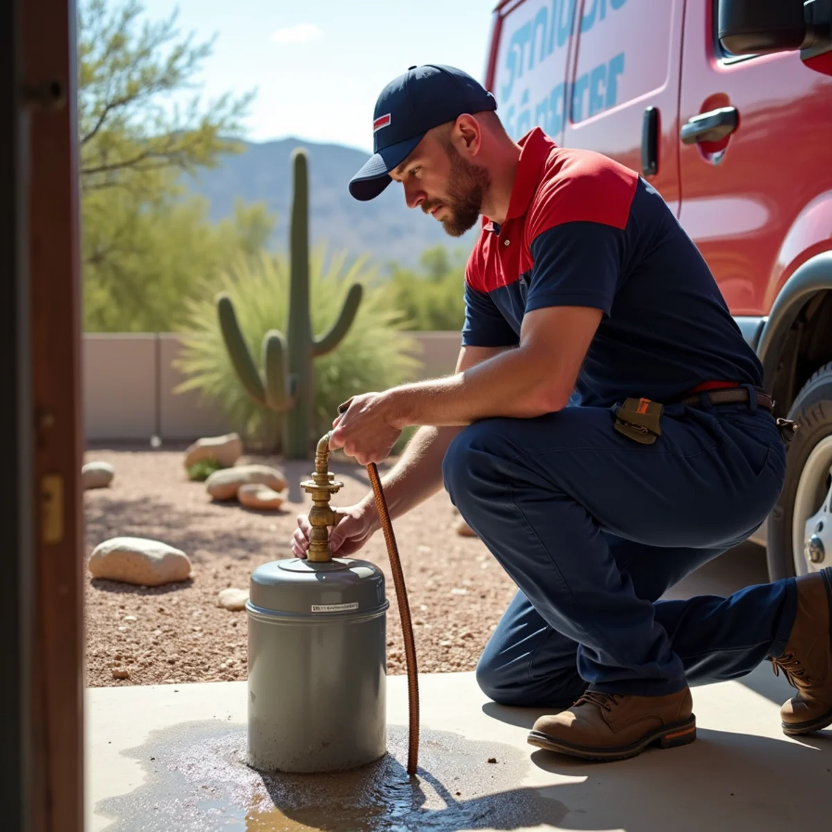 Draining sediment from a water heater tank through a hose in a Phoenix garage