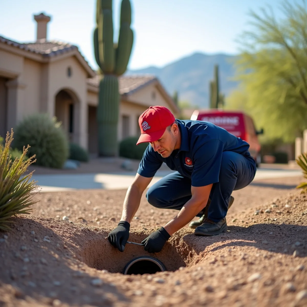 Plumber inspecting a sewer cleanout during a backup at a Phoenix home