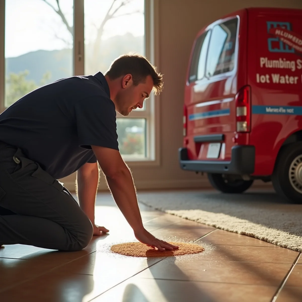 Homeowner feeling a warm spot on a tile floor from a hot-water slab leak in a Phoenix home