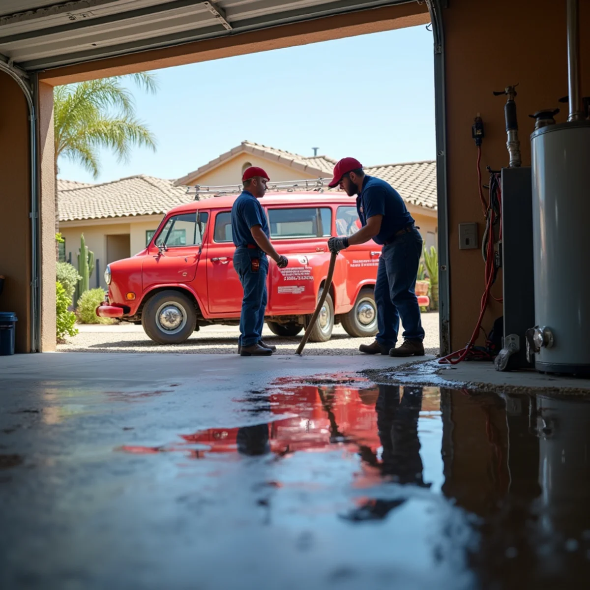 Water pooling around the base of a leaking water heater in a Phoenix garage