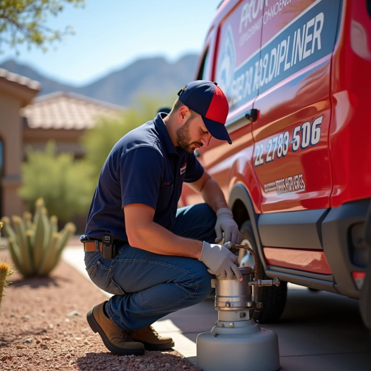 Plumber flushing sediment from a water heater in a Phoenix home