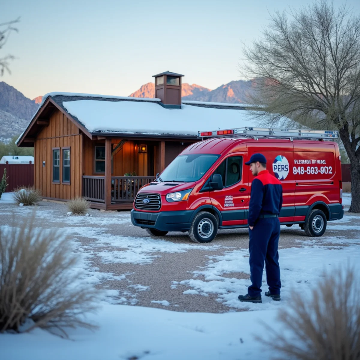 Snow-covered cabin in the Arizona high country with exposed pipes needing winterization