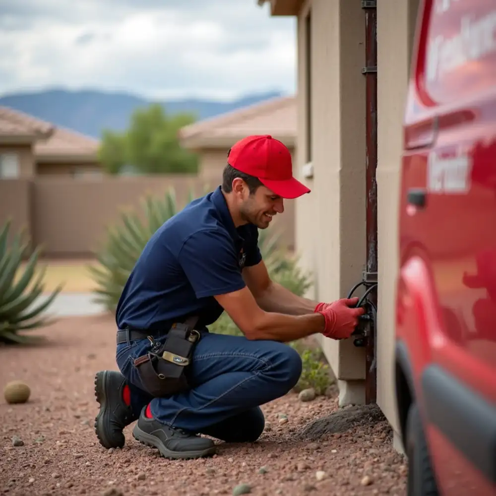 Red Eagle plumber repairing a burst water pipe in a Phoenix home wall