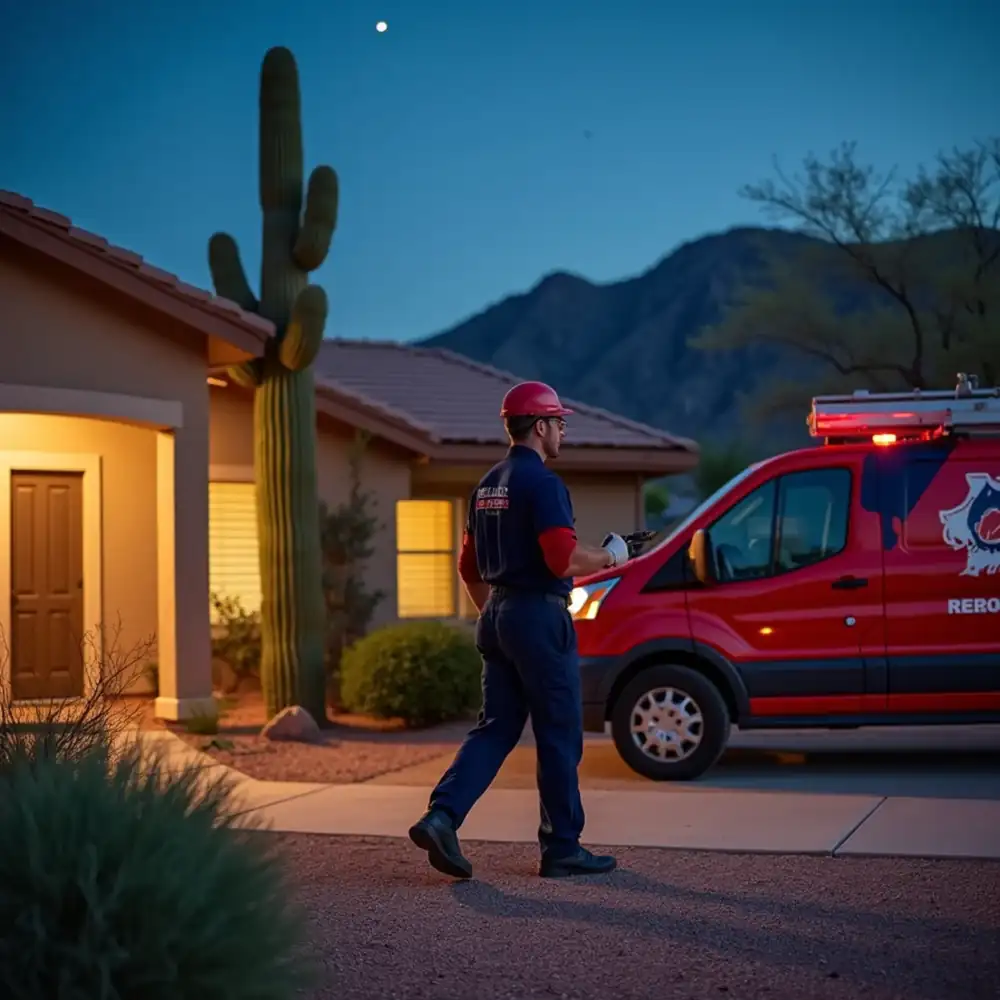 Red Eagle emergency plumber arriving at a Phoenix home at night