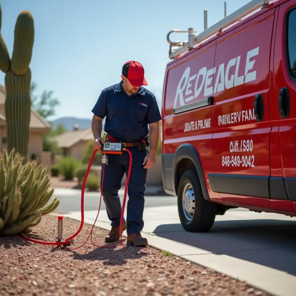 Licensed Red Eagle plumber pressure-testing a gas line at a Phoenix home