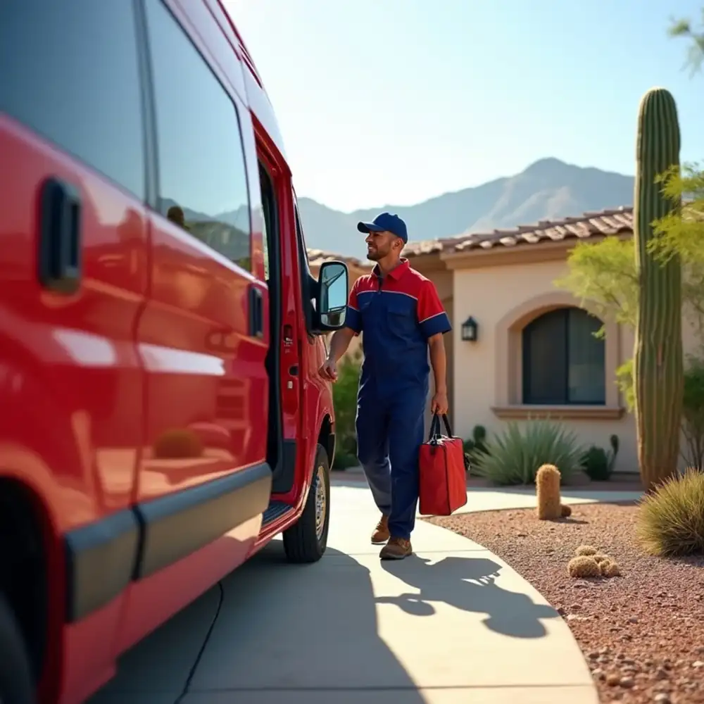 Red Eagle Plumbing technician arriving at a Phoenix home in a branded service van
