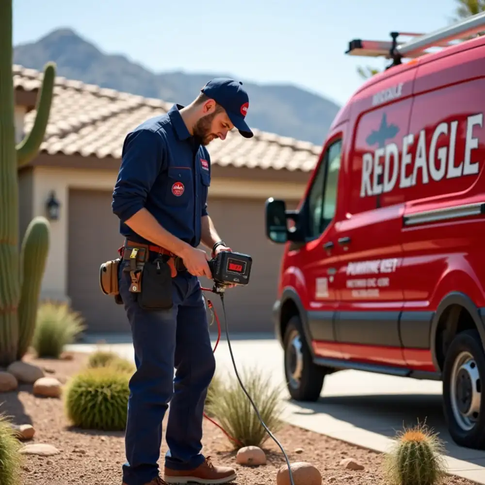 Red Eagle technician using electronic leak detection equipment in a Phoenix home
